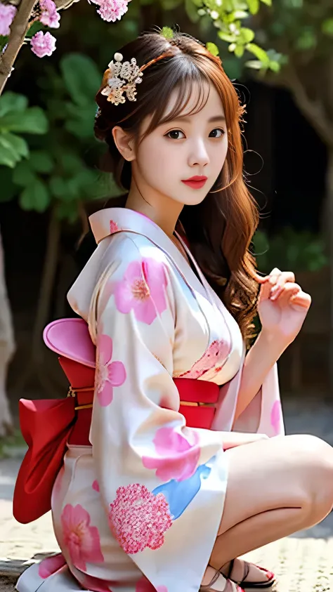 woman posing for a photo ( kimono_clothing、 dress:1.3)、柄のある kimono、half face 、beautiful figure、 beautiful brown eyes 、 long, wav...