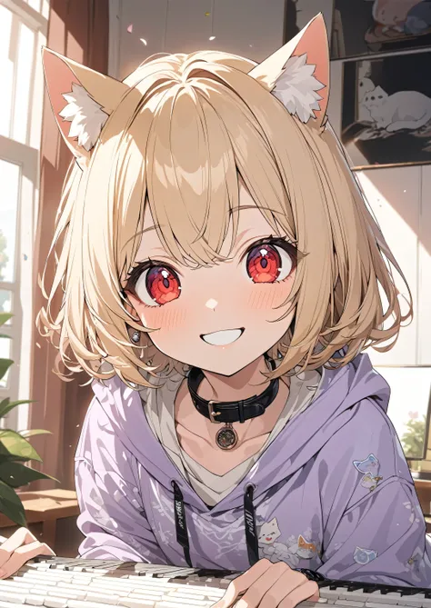 Girl, happy, smile, watch viewers , shorthair ,Blonde, Red eyes, Cat ears, Big Eyes, Purple hoodie,Black collar。. white background with a piano keyboard pattern drawn on the , masterpiece, best quality, Details, ultra Details, hyper Details, insan...