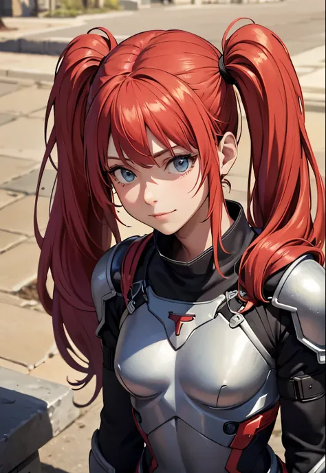 (8k), ( best quality), (masterpiece:1.2), ( ããããa¼ ãããããããã ), (Realistic:1.37), 18 year old girl backstreet, horizontal background, ( twin tails), (Angle of gaze), (whole body), long red hair and long red hair , Swinging Hair, ( battle suit), chest armo...