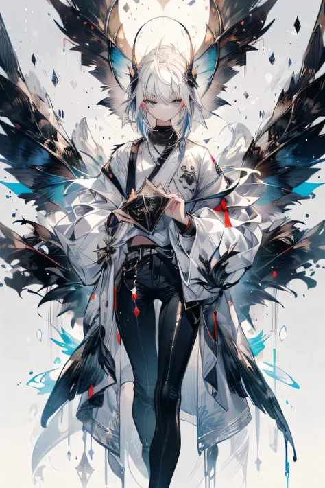 (masterpiece),(8k),Highest quality,(( Fine Details)),( Brilliant Color ),White hair,shot,((male)),((Neutral appearance)),Golden eyes,((  body shape )),There are several books floating around ,black pants,(( has 3 pairs of huge wings behind its back.)), of ...