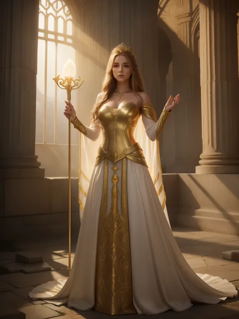 Create an image of a majestic, ethereal queen standing in a mystical, ruined temple. She has long, flowing golden hair that shimmers like sunlight, and her presence exudes both regality and melancholy. Her outfit is adorned with intricate, golden patterns,...