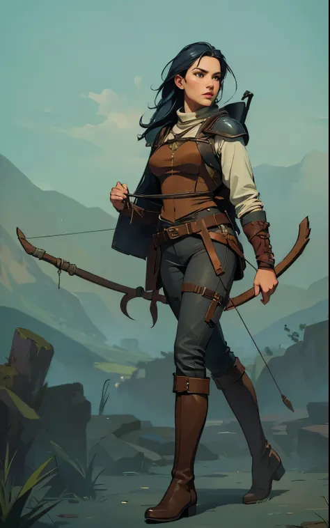 A full body image of beautiful woman, thin frame but musclular woman, archer, posing with a bow, wearing light archer armor, theres leather belts and buckles and rope all over her. She has long straight navy blue hair upto hips. Wearing brown hunting leath...