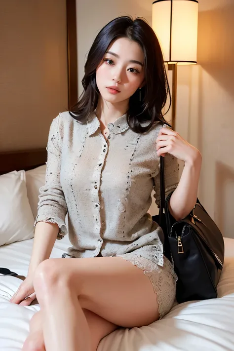 ((Realistic, 8k, Top Quality, Masterpiece: 2.0, Best Quality, Illustration, Ultra-detailed, finely detail, high resolution, 8K Wallpaper, Perfect dynamic composition, Beautiful detailed face)),(office casual clothes with one hand bag:1.7), Natural Color Li...