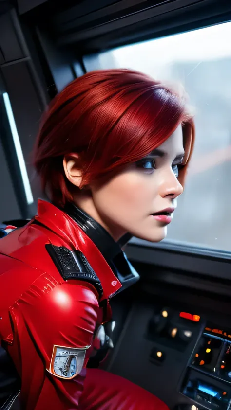 Absurd resolution, high resolution, (masterpiece: 1.4), hyper-detail, 1 young woman, short red hair, pilot suit, rich princess, sitting in an extremely narrow closed mecha control room, expression scared crying open mouth call (1.3), in the sky