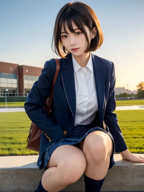  best quality,  best quality, 16k,   Incredibly Dumb  ,  very detailed, 2.5D, Delicate and dynamic, School, Schoolyard, after school, sunset, Vivid sky, 小さなかすかな光と色Vivid sky気, School bag, , Very delicate facial expression, Delicate eye depiction,  Upper Bod...