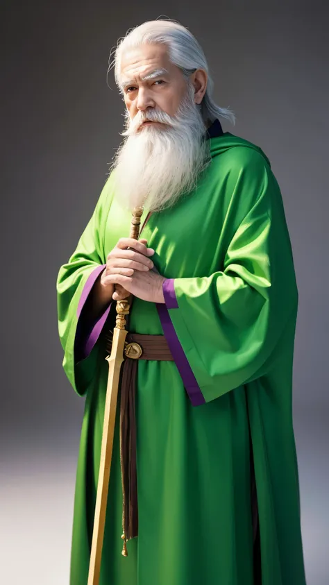 , an elderly wise man character 、 features a long white beard and sharp eyebrows 。He is wearing a green robe and standing in a 、 and a bright green cloak on his shoulders 。Hold a wand with a red jewel on the tip、Hall々 position 。 has a small bag hanging aro...