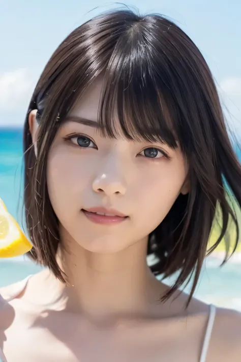 masterpiece、 for a woman with bristles, ultra high resolution、8k,photograph、 1 girl, cowboy shots、( big breasts:1.0), bright , Blurry Background , ( asymmetrical bangs、 EXTRA LONG WAVY HAIR :1.5), (Floating Hair:1.0)、(micro bikini, ((lemon yellow)))、...