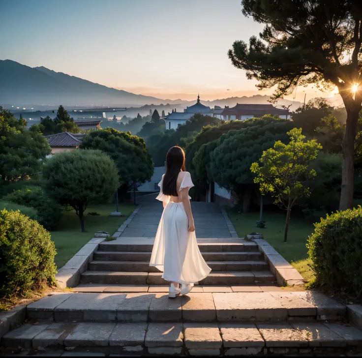 8K quality, Masterpiece,  bright artistic dusk lighting,  super real ,  high chroma, Ancient fortified city landscape pictures,  forest, High ground, (Back view on stairs :1.3), (Ass:1.2), White clothes