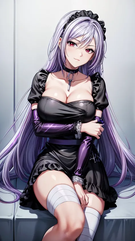 (masterpiece, best quality, beautiful and aesthetic:1.3),1woman, ((very mature woman)),(30 years old, thirties), solo, light smile,  (silver hair streaked white:1.4), (Gradient purple hair ends:1.6), hair strand, absurdly long hair, single sidelock, wavy h...