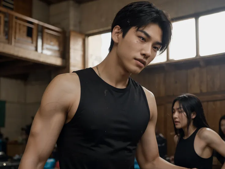 A tall asian male teenager. Hes muscular. He wear sleeveless black shirt. His hair is jet black, messy and short. Hes sweaty. His face is clean. His expression is happy but theres a note of tiredness. Hes dancing.

HD, depth of field, detailed.