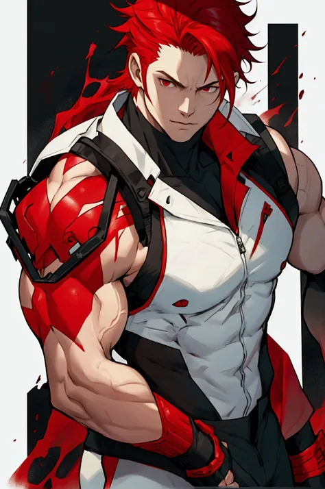 strong, red hair, red eyes, white skin, black sleeveless suit, man, fighter, muscular