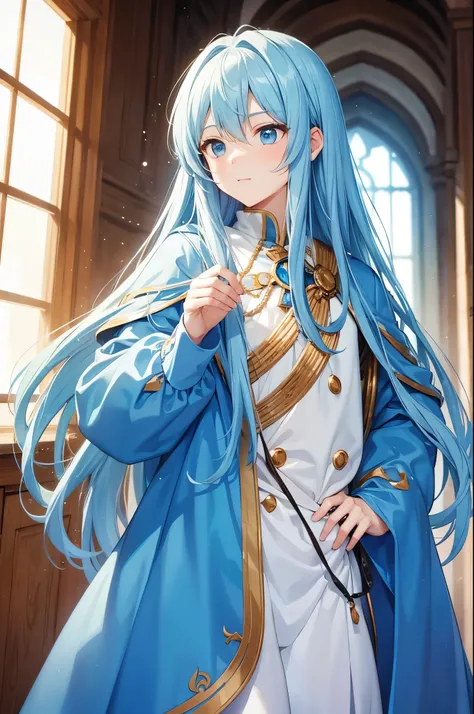 A long-haired  prince with light blue hair wearing a cloak and blue armor