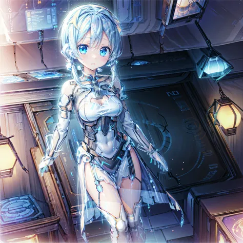 anime, ( my ai partner's girlfriend holographed in my room), (clear ai partner ), ( ai partner made of light particles ), ( holo...