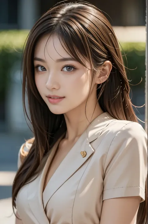 masterpiece,  best quality, Photographically, Super detailed,   fine details,  high definition , 8k wallpaper,  one beautiful woman wrapped in hachimaki ,, Light brown messy hair,  wearing a business suit ,  sharp focus,  perfect dynamic composition,  beau...