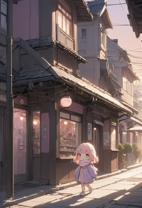 masterpiece, best quality, ultra-detailed, Low Fidelity (lofi) art style, pastel pink and purple tones, simplified old street. chibi,A small figure is walking down an old street toward a quiet train station in the distance. The storefronts along the street are clean and minimal, with soft, simple lines. There are a few windows with faint lights, but the scene is stripped of unnecessary details, creating a calm, minimalist setting. The figure walks slowly, their back to the viewer, dressed in a pastel jacket and scarf. The station platform at the end of the street is softly lit, and the sky above transitions from pink to purple as the sun sets. The scene feels nostalgic, but with a clean, simple aesthetic that enhances the sense of calm.