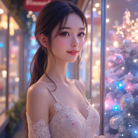 Ultra high resolution, ultra high quality. A stunning 20-year-old Japanese woman with a youthful and kawaii charm, standing in front of a dreamy, beautifully illuminated Christmas show window. The show window is adorned with spectacular Christmas decoratio...