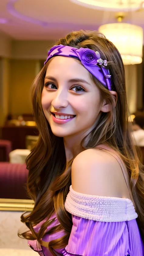 Female ((30year old)), hair ((long, wavy, brown)), eyes ((hazel, smart eyes)), clothes ((Polyester, hotpants, off-shoulders, purple, light purple)), accessories ((hairband)), gigantic breast, oppai, seductive smile, smiling, room hotel, night ambience atmo...