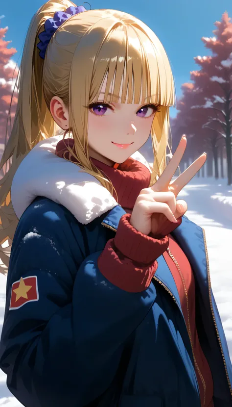 score_9,score_8_up,score_7_up, shiny skin, 1girl, KeiKaruizawa, Kei Karuizawa, bangs, blunt bangs, ponytail hair, long hair, violet eyes, blonde hair, blue scrunchie, jacket, winter jacket, snow, outdoor, playing with snow, cowboy shot, full body, red wint...