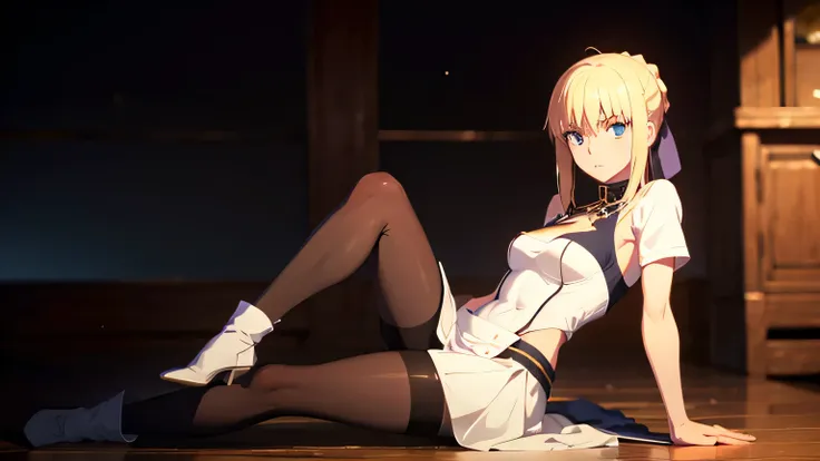 saber from fate; up to down perspective; skirt; aesthetic; bohemian; realistic; stockings; skinny fit; sitting touching pose; emo; staring on foreground;; night castle background; Dark fantasy ; focus on hips; goddess; solo girl