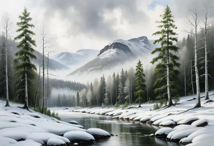 painting of trees covered in snow, norwegian nature, uhd image, realistic landscapes, traditional oil painting, green and gray