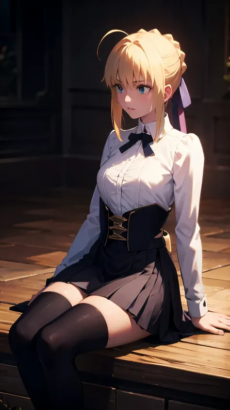 saber from fate; up to down perspective; skirt; aesthetic; bohemian; realistic; stockings; skinny fit; sitting touching pose; emo; staring on foreground;; night castle background; Dark fantasy ; focus on hips; goddess; solo girl; excallibur