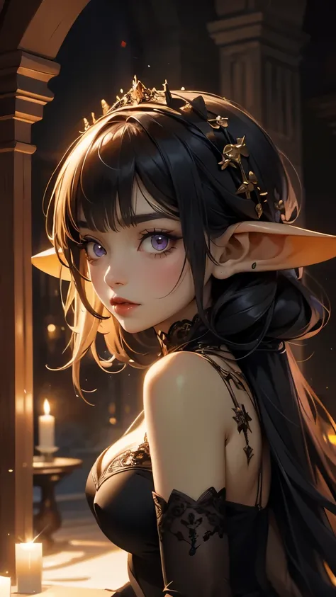 (( best quality )), (( artwork)), (detailed), dark gothic horror style 4k, Estilo de Halloween,  very small goblin, green skin, Pointed ears, short purple hair with black highlights pixie hairstyle,  bright red eyes, in a dark gothic castle, cinematic dark...