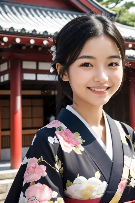 Upper body close-up image. A beautiful woman. Black hair. Twenty years old. Detailed drawing of the face. She is wearing a kimono and smiling. She is standing in front of the shrine.