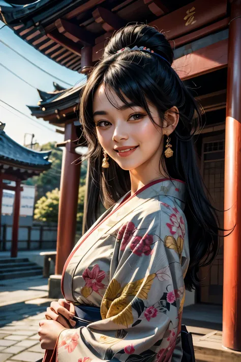 Upper body close-up image. A beautiful woman. Black hair. Twenty years old. Detailed drawing of the face. She is wearing a kimono and smiling. She is standing in front of the shrine.