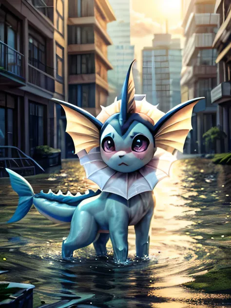 A quadruped vaporeon embarrassed in a flooded city