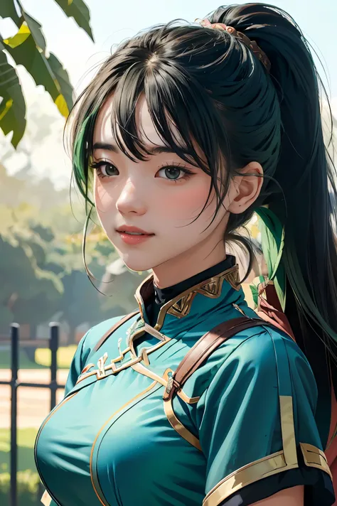 (masterpiece, best quality),  intricate details,
1girl,   lyn_(fire_emblem), 1girl, solo, ((green hair)), long hair, green eyes, high ponytail, blue dress, large breast, jewelry, fingerless gloves. hair ornament, lyn_(fire_emblem),
 BDSM,slave,Rubber,Black...