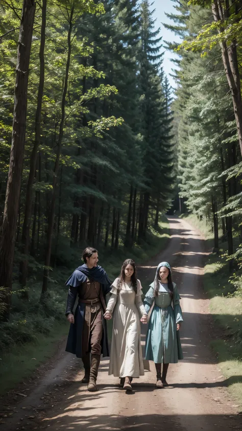 a woman in medieval clothes holding a s hand down a road inside a forest coming,  woman in front guiding a  coming ,  coming to the camera with a  next door coming,  woman leading a  coming ,  woman and  coming ,  two people arriving ,  adult woman and a  ...