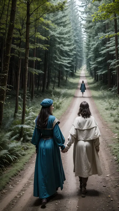 a woman in medieval clothes holding a s hand down a road inside a forest coming,  woman in front guiding a  coming ,  coming to the camera with a  next door coming,  woman leading a  coming ,  woman and  coming ,  two people arriving ,  adult woman and a  ...