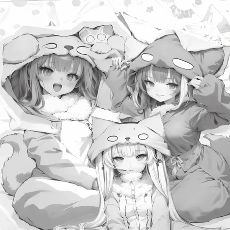 Anime characters in costumes sitting in bed with cats,  manga style, kawaii アニメ manga style, かわいい manga style,  erotic anime style , Singay,  Manga Art Style,  anime style,  cute anime style of pirates , Anime style”, アニメ manga style, Black and white carto...