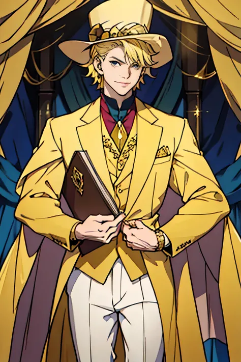 line-art, art book, best quality, handsome man, pale skin, blonde hair, brown eyes, gold and yellow clothes, yellow gemstones, fancy clothes, fancy hat