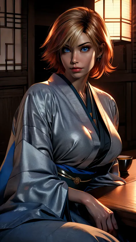 joanna dark, short hair, red hair, blonde hair, blue eyes, (((sexy kimono))), (((tanned skin))), ((fit body)), photorealistic, m...