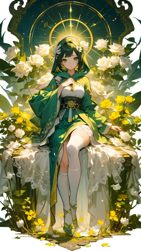  pure white background，masterpiece,  top quality  ,  detailed facial ,  character design sheet  ，whole body, Full of details,  multiple poses and expressions,  Very detailed , depth, Many parts，Chunhui Goddess，spring， sparkling eyes ，green，Yellow Rose，Fant...