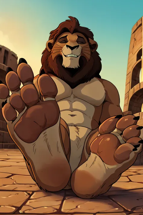 handsome, lion, kowu,(Lion king) scruffy fringe, wearing gladiator clothers ,eyes with a mischievous glint, brown eyes, average build, good eyes, warm lighting, 8k semi realistic small grin, foot paw (5 toes ) ((small claws on toes)) (sleeping))lying dead ...