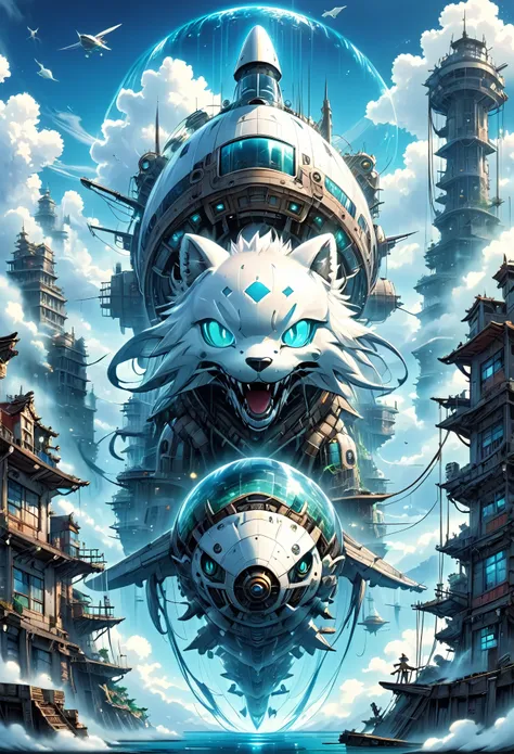 Future Sky City ,ruins,sea of clouds,Airship, Soratrobos Worldview,Water is gushing out , android ,See-through,