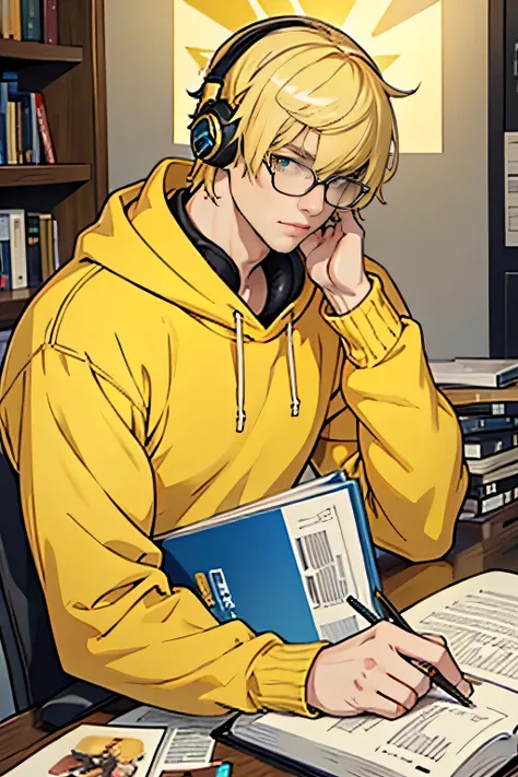 line-art, art book, best quality, handsome man, pale skin, blonde hair, bangs slanting to the right, blue eyes, big headphones, soft boy clothes, yellow glasses, yellow pullover