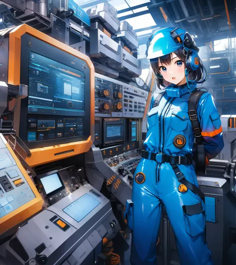  blue enamel shiny boiler suit,The background is complex and precise machinery and equipment、 control panel 