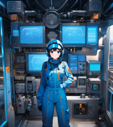  blue enamel shiny boiler suit,The background is complex and precise machinery and equipment、 control panel 