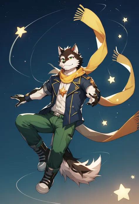 solo,scarf,night sky,falling down,star sky,black fur,white fur,green eyes,wolf,furry,anthro,hash,air,rouon aro