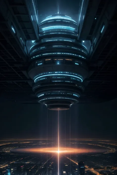 A huge ship suspended above a city, blocking the sunlight. The structure of the ship must be complex and futuristic, with lights flashing in several cores. The city below must seem small in comparison