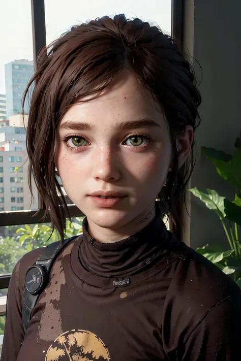 A stunning and intricate full color Ultra-HD portrait, a  girl, short brown hair, green eyes, detailed face, turtleneck dress or brown t-shirt, with 2 pale yellow palm tree logo, in a room with a window. no plants, epic character composition, alessio albi,...