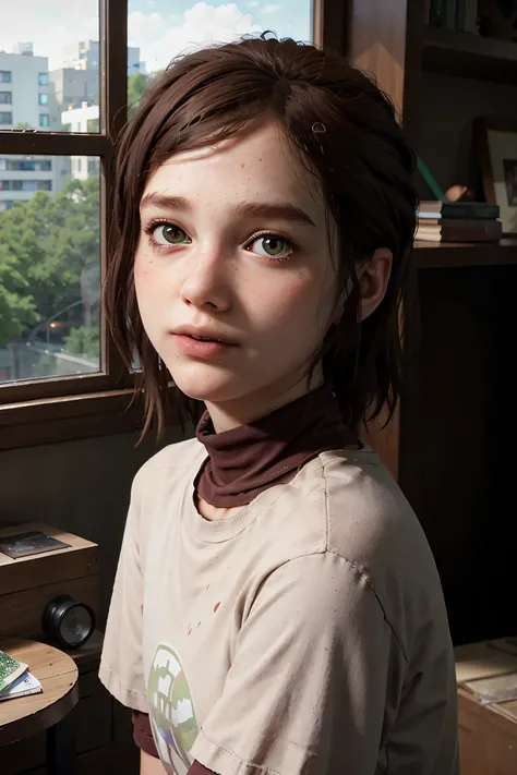 A stunning and intricate full color Ultra-HD portrait, a  girl, short brown hair, green eyes, detailed face, turtleneck dress or brown t-shirt, with 2 pale yellow palm tree logo, in a room with a window. no plants, epic character composition, alessio albi,...