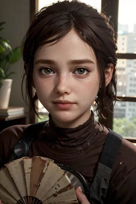 A stunning and intricate full color Ultra-HD portrait, a  girl, short brown hair, green eyes, detailed face, turtleneck dress or brown t-shirt, with 2 pale yellow palm tree logo, in a room with a window. no plants, epic character composition, alessio albi,...