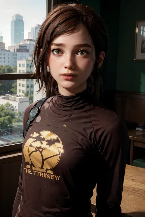 A stunning and intricate full color Ultra-HD portrait, a  girl, short brown hair, green eyes, detailed face, turtleneck dress or brown t-shirt, with 2 pale yellow palm tree logo, in a room with a window. no plants, epic character composition, alessio albi,...