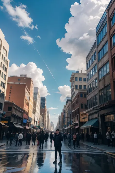 A bustling American city street filled with diverse people. Adults with expressions of surprise and curiosity, ren pointing towards the sky. The sky is a vivid blue with fluffy white clouds, reflecting a sense of wonder. Cinematic lighting and detailed tex...