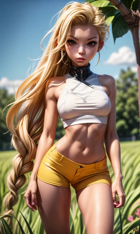 masterpiece, a teenage girl , s, chiquita, slim, skinny,  long hair,  wavy hair , blonde hair, brown eyes, cuerpo entero, standi...