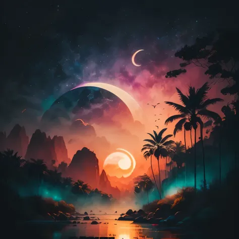 a colorful sunset with palm trees and a crescent, vector art by Alena Aenami, instagram, aestheticism, dreamy night, ☁🌪🌙👩🏾, colorful skies, mystical night, ✨🕌🌙, night colors, colorful night sky, night background, colorful sky, fantasy and dreams vibes, col...